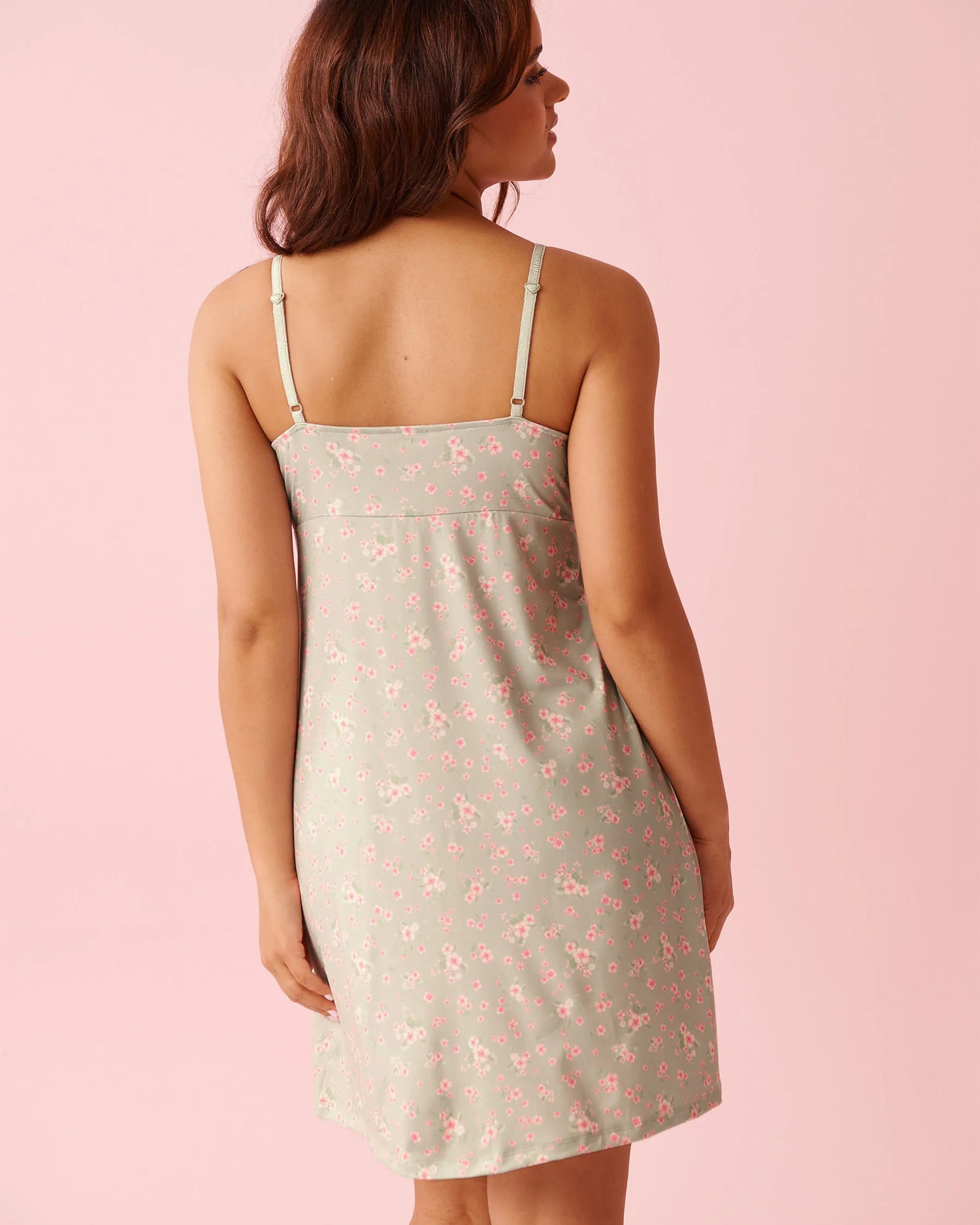 La Vie en Rose Mineral Gray Floral Women Cherry Blossom Print Lace Trim Super Soft Nightie SKU: 40500478_P30142 Image 02
