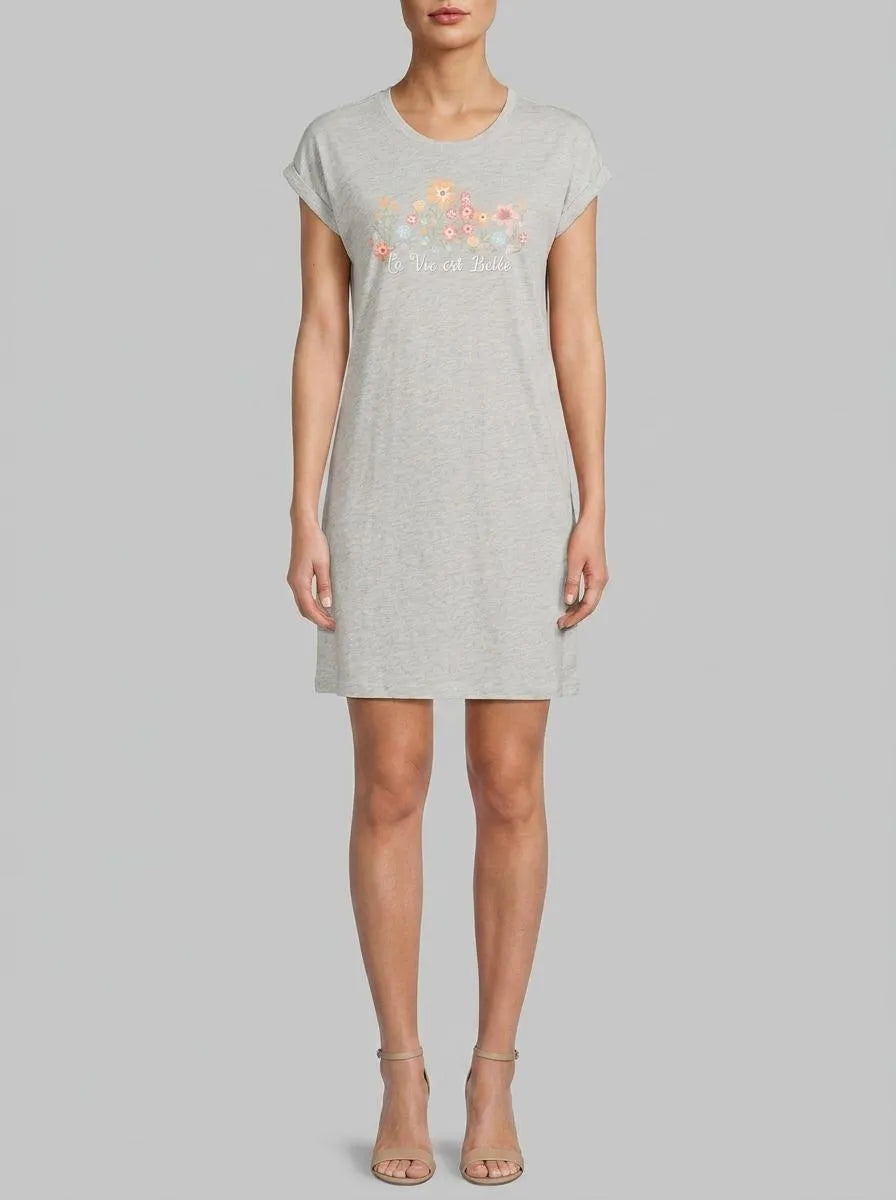 La Vie en Rose Comfy Grey Mix Women Floral Print Cotton Short Sleeve Sleepshirt SKU: 40500479_00007 Image 00