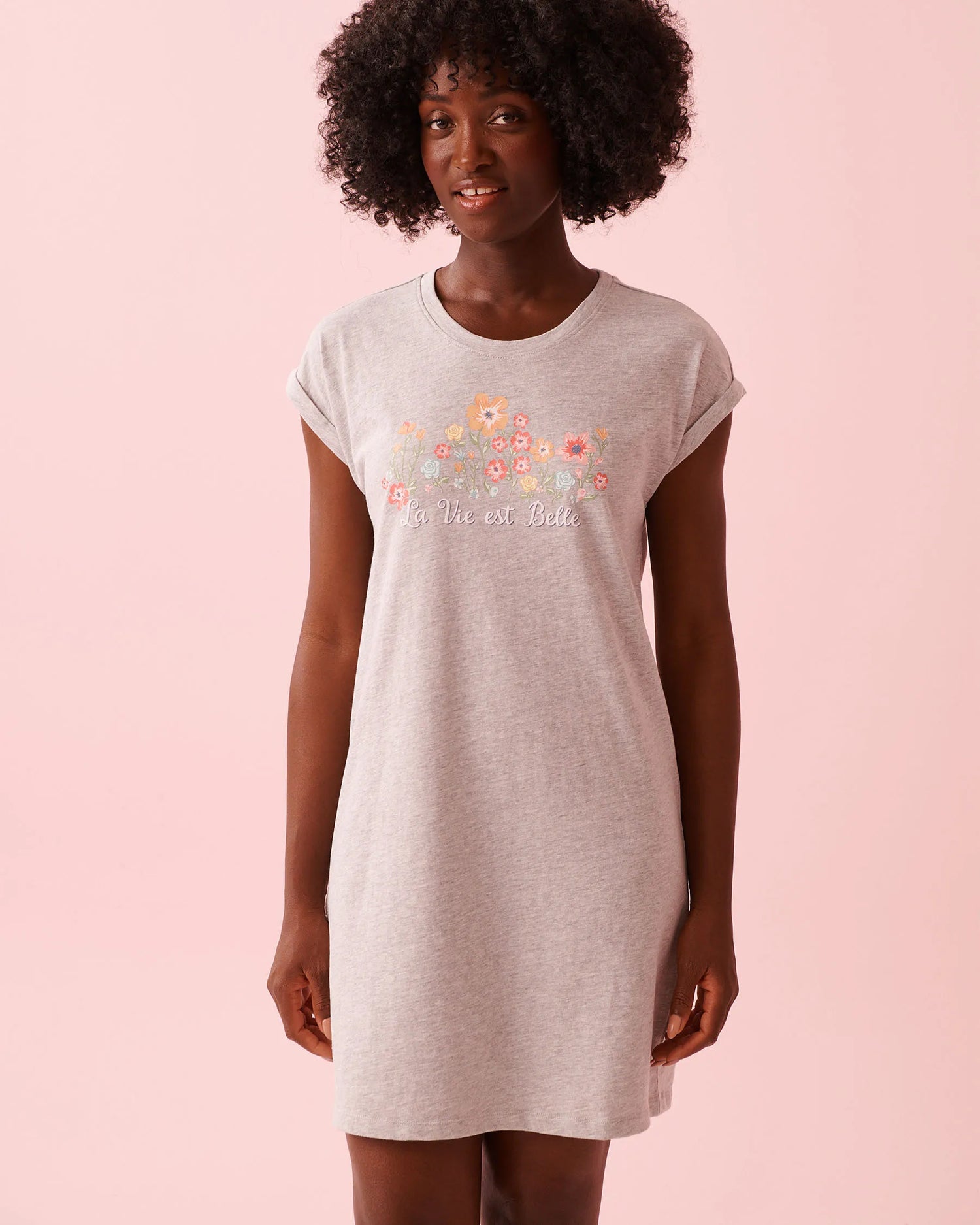 La Vie en Rose Comfy Grey Mix Women Floral Print Cotton Short Sleeve Sleepshirt SKU: 40500479_00007 Image 01