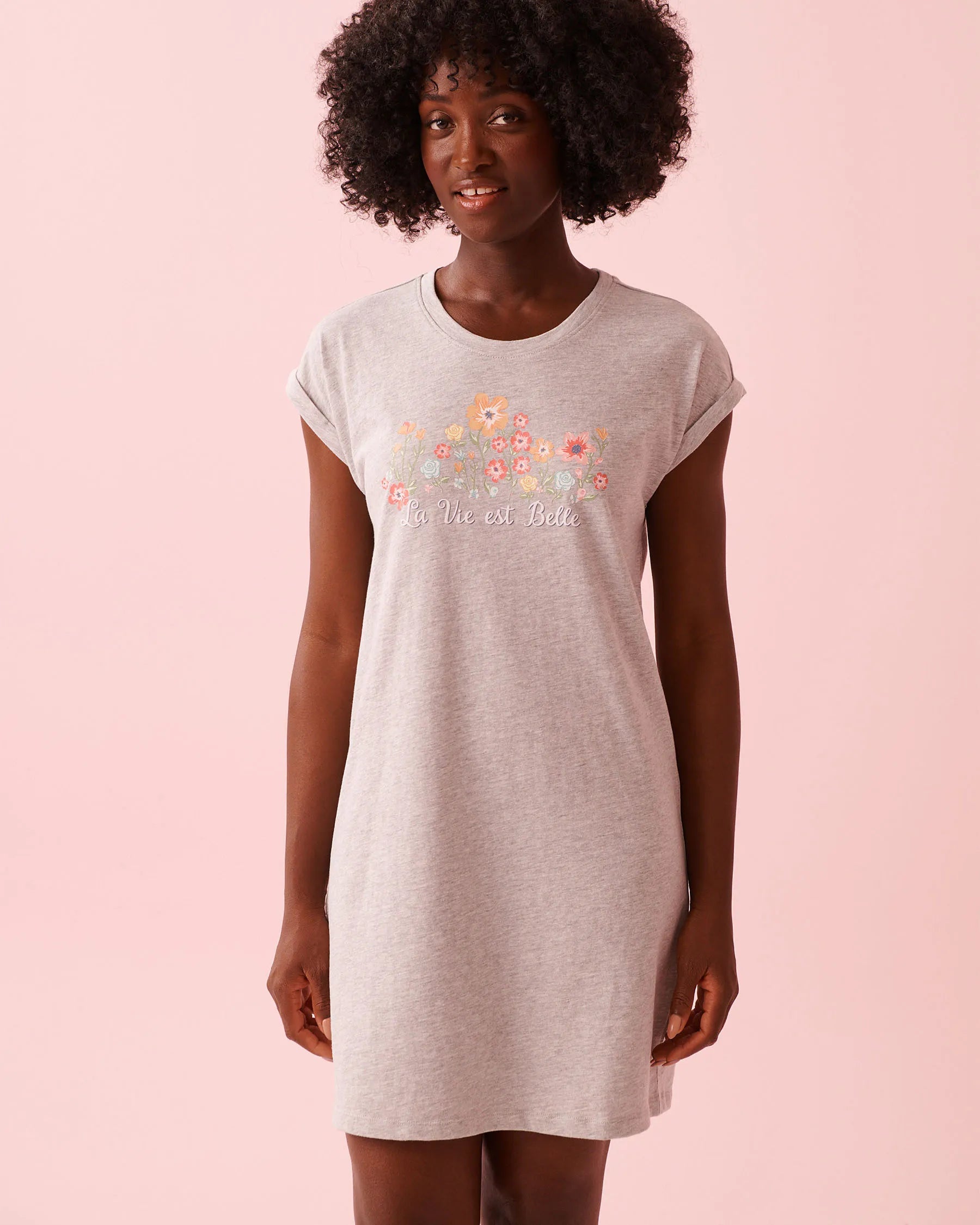 La Vie en Rose Comfy Grey Mix Women Floral Print Cotton Short Sleeve Sleepshirt SKU: 40500479_00007 Image 01
