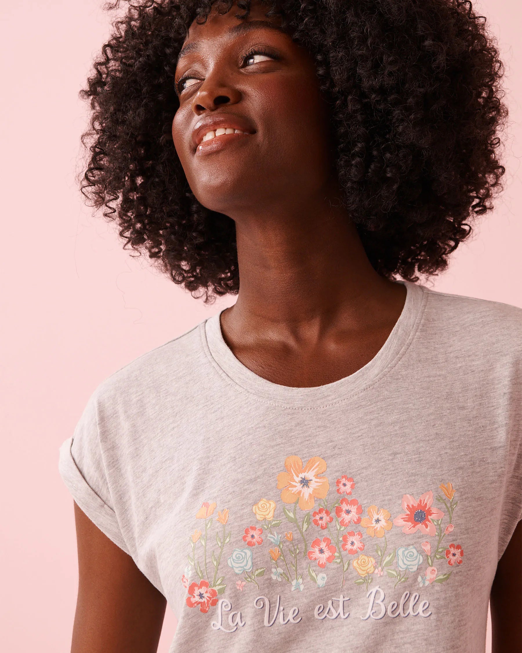 La Vie en Rose Comfy Grey Mix Women Floral Print Cotton Short Sleeve Sleepshirt SKU: 40500479_00007 Image 03