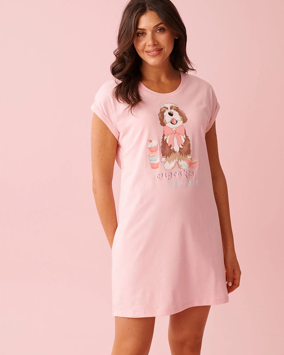 La Vie en Rose Crystal Rose Women Dog &amp; Cupcake Print Cotton Short Sleeve Sleepshirt SKU: 40500479_60108 Image 01
