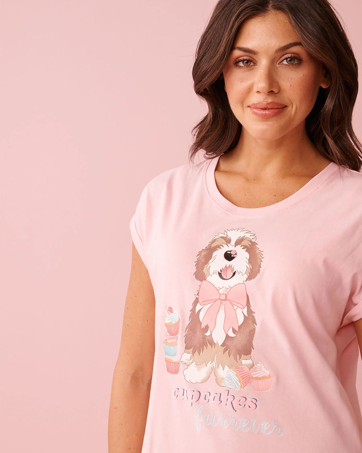 La Vie en Rose Crystal Rose Women Dog &amp; Cupcake Print Cotton Short Sleeve Sleepshirt SKU: 40500479_60108 Image 03