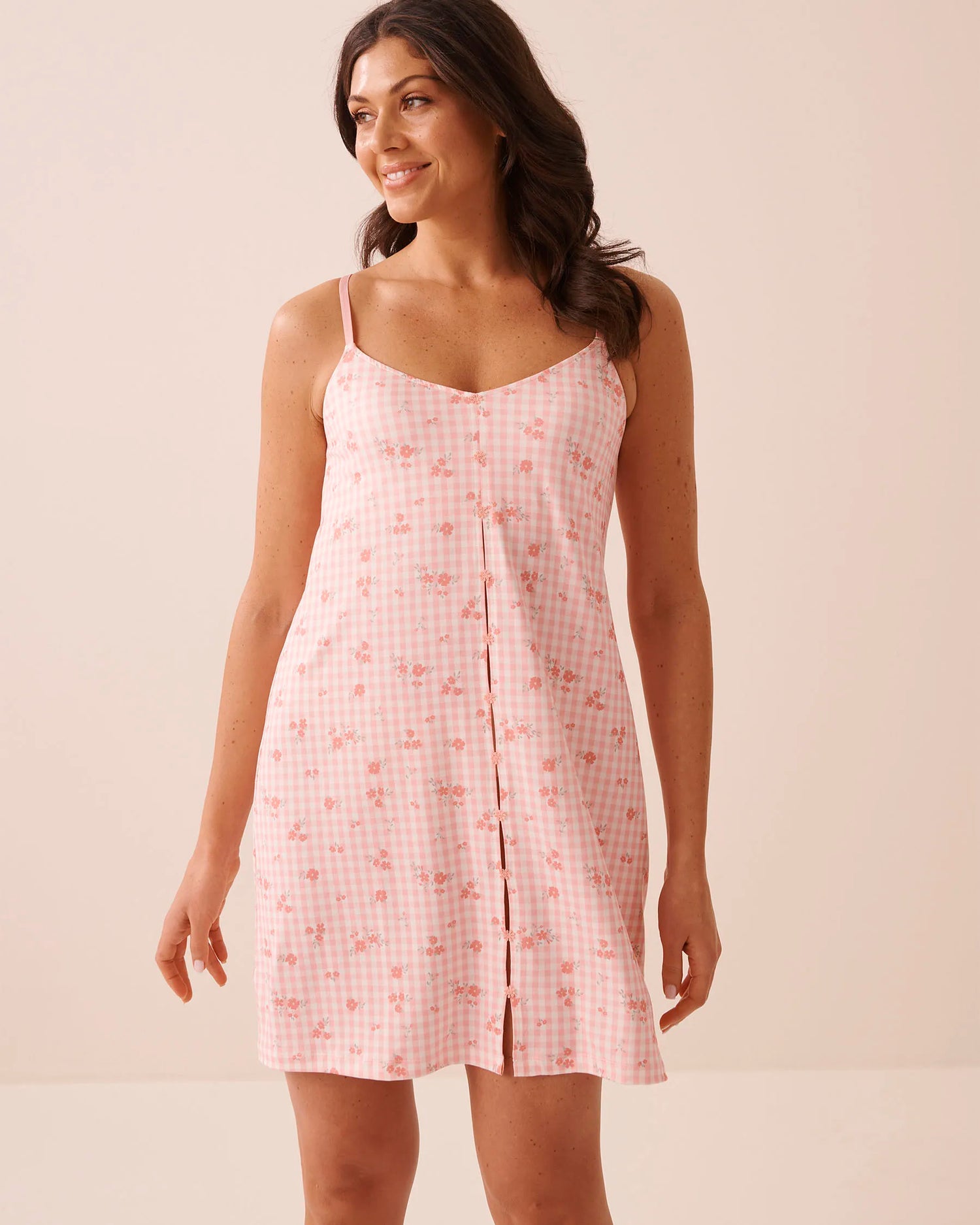 La Vie en Rose Pink Icing Gingham Floral Women Floral Gingham Print Super Soft Nightie with Shelf SKU: 40500480_P60468 Image 01