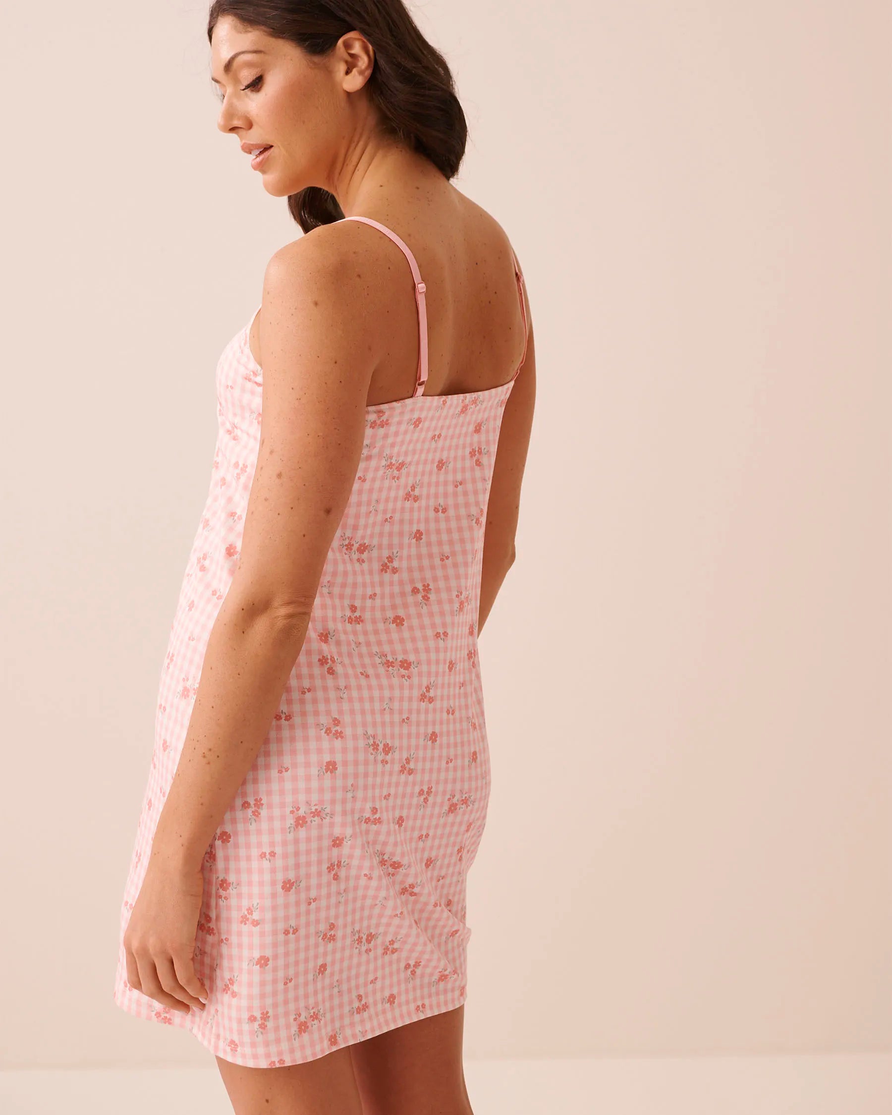 La Vie en Rose Pink Icing Gingham Floral Women Floral Gingham Print Super Soft Nightie with Shelf SKU: 40500480_P60468 Image 02