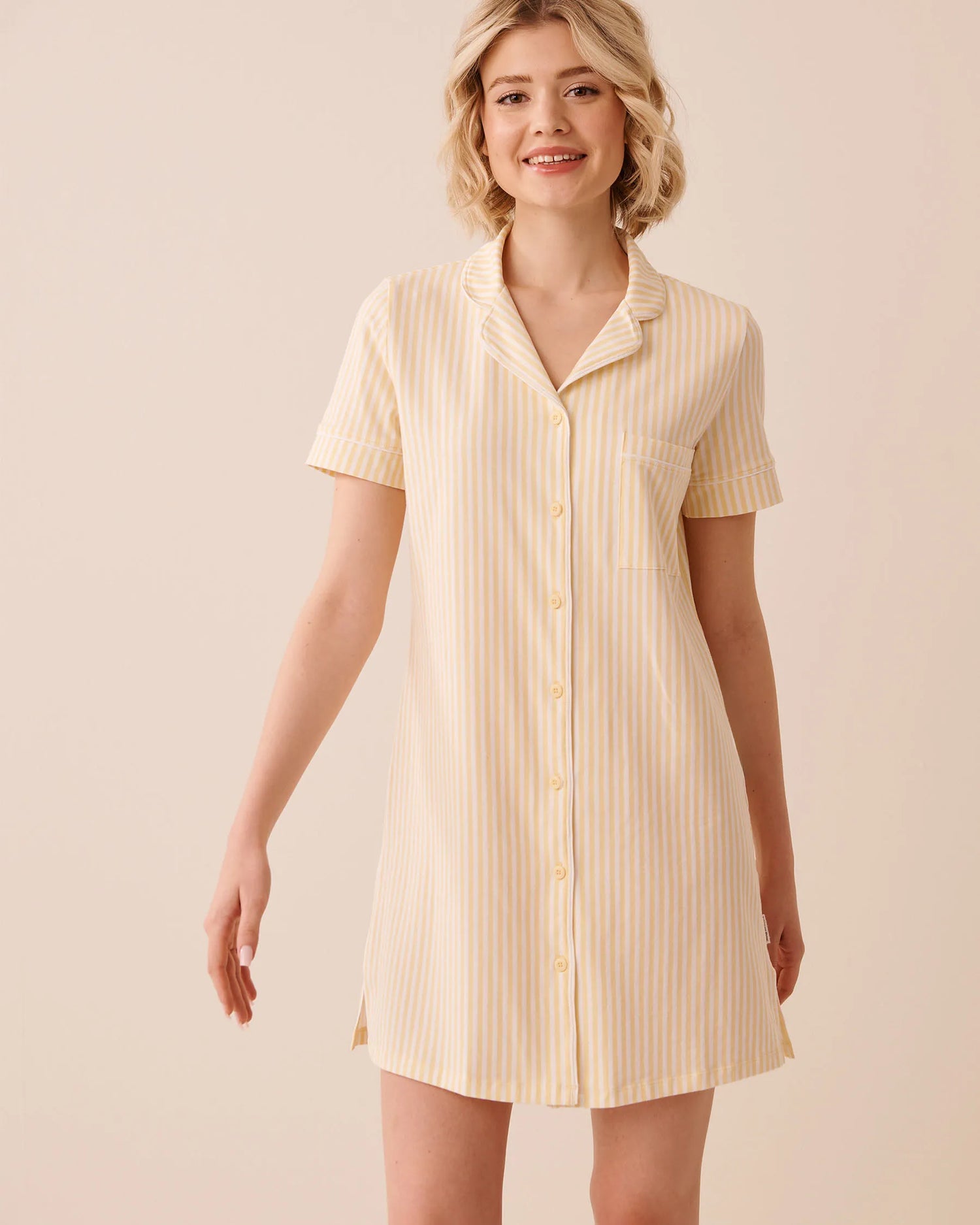 La Vie en Rose Apricot Gelato Stripe Women Essential Breathable Cotton Button-Down Sleepshirt SKU: 40500485_P70071 Image 01