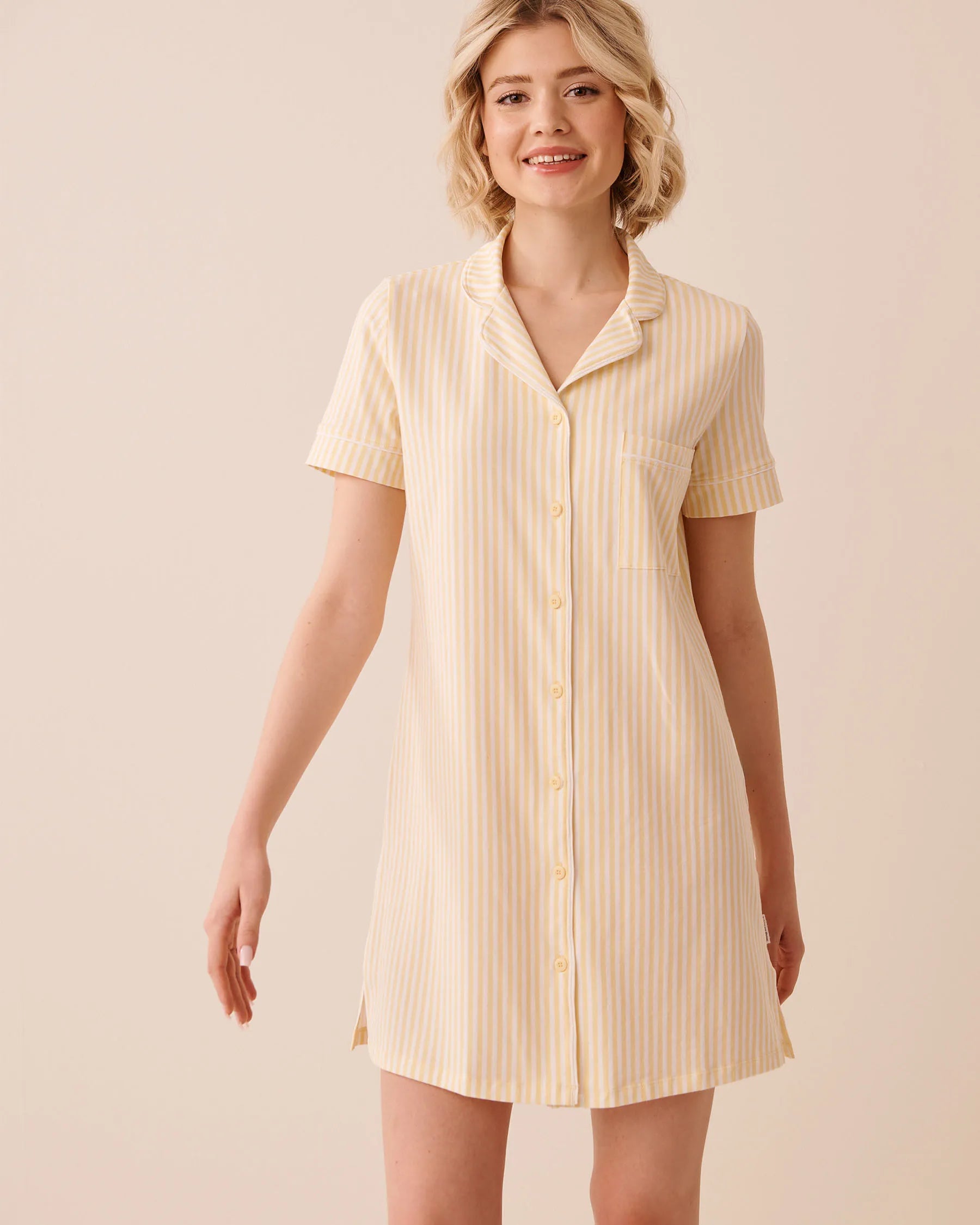 La Vie en Rose Apricot Gelato Stripe Women Essential Breathable Cotton Button-Down Sleepshirt SKU: 40500485_P70071 Image 01