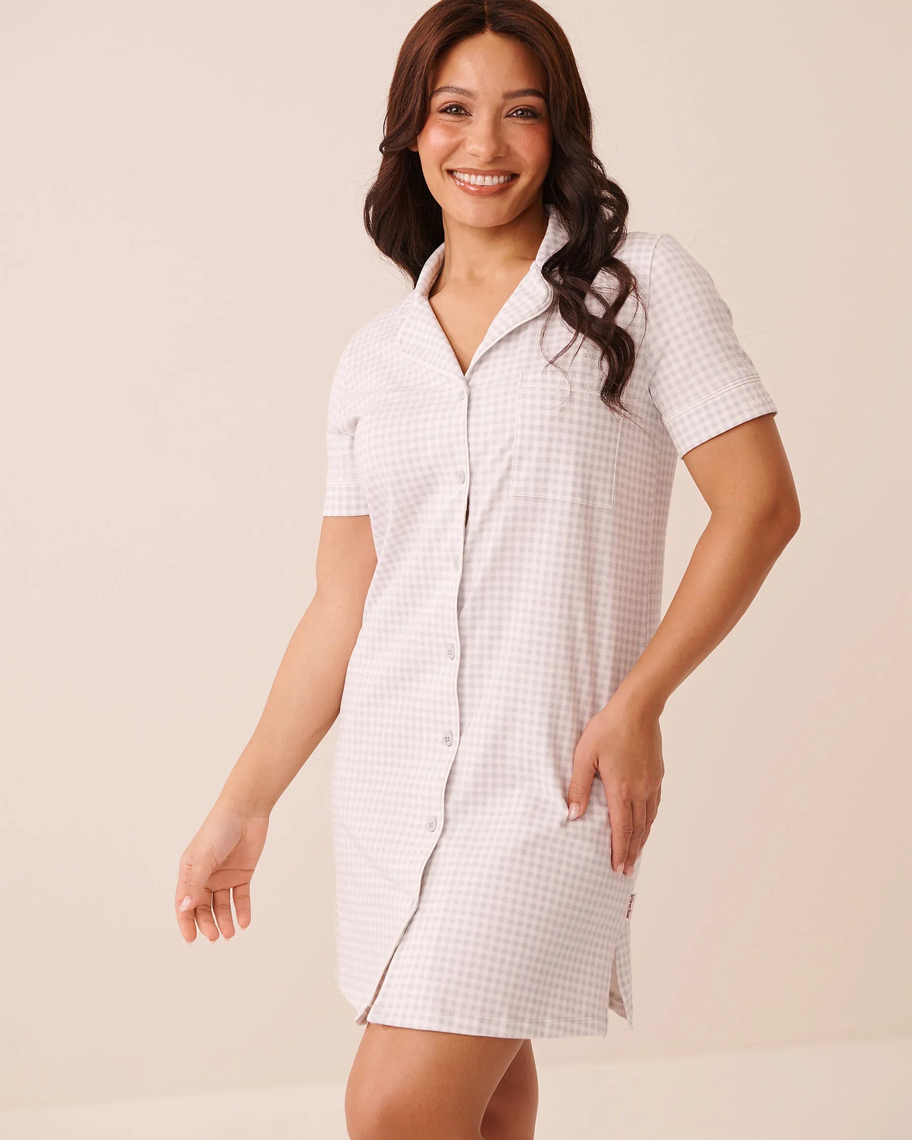 La Vie en Rose Quiet Gray Gingham Women Cotton Button-Down Sleepshirt SKU: 40500490_P00516 Image 01