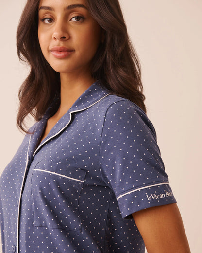 La Vie en Rose Crown Blue Dot Women Cotton Button-Down Sleepshirt SKU: 40500490_P40574 Image 03