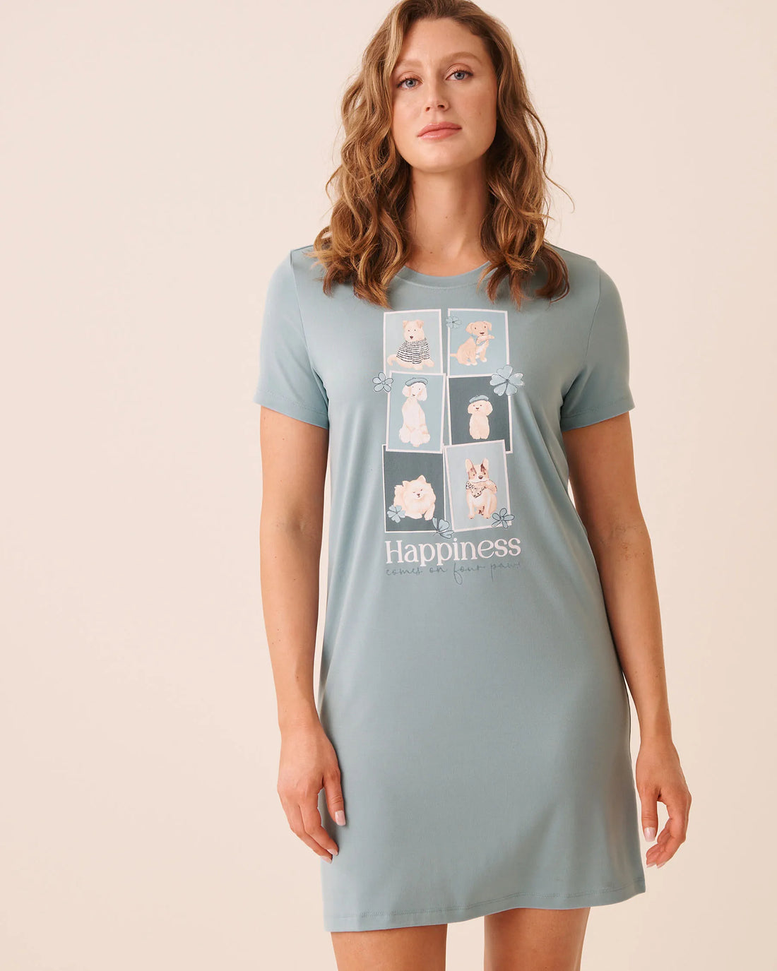 La Vie en Rose Stone Blue Women Parisian Dogs Print Super Soft Short Sleeve Sleeps SKU: 40500499_40303 Image 01