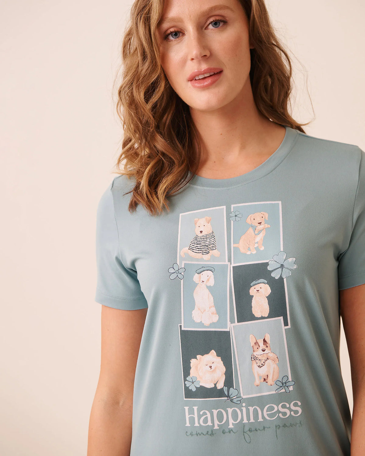 La Vie en Rose Stone Blue Women Parisian Dogs Print Super Soft Short Sleeve Sleeps SKU: 40500499_40303 Image 03