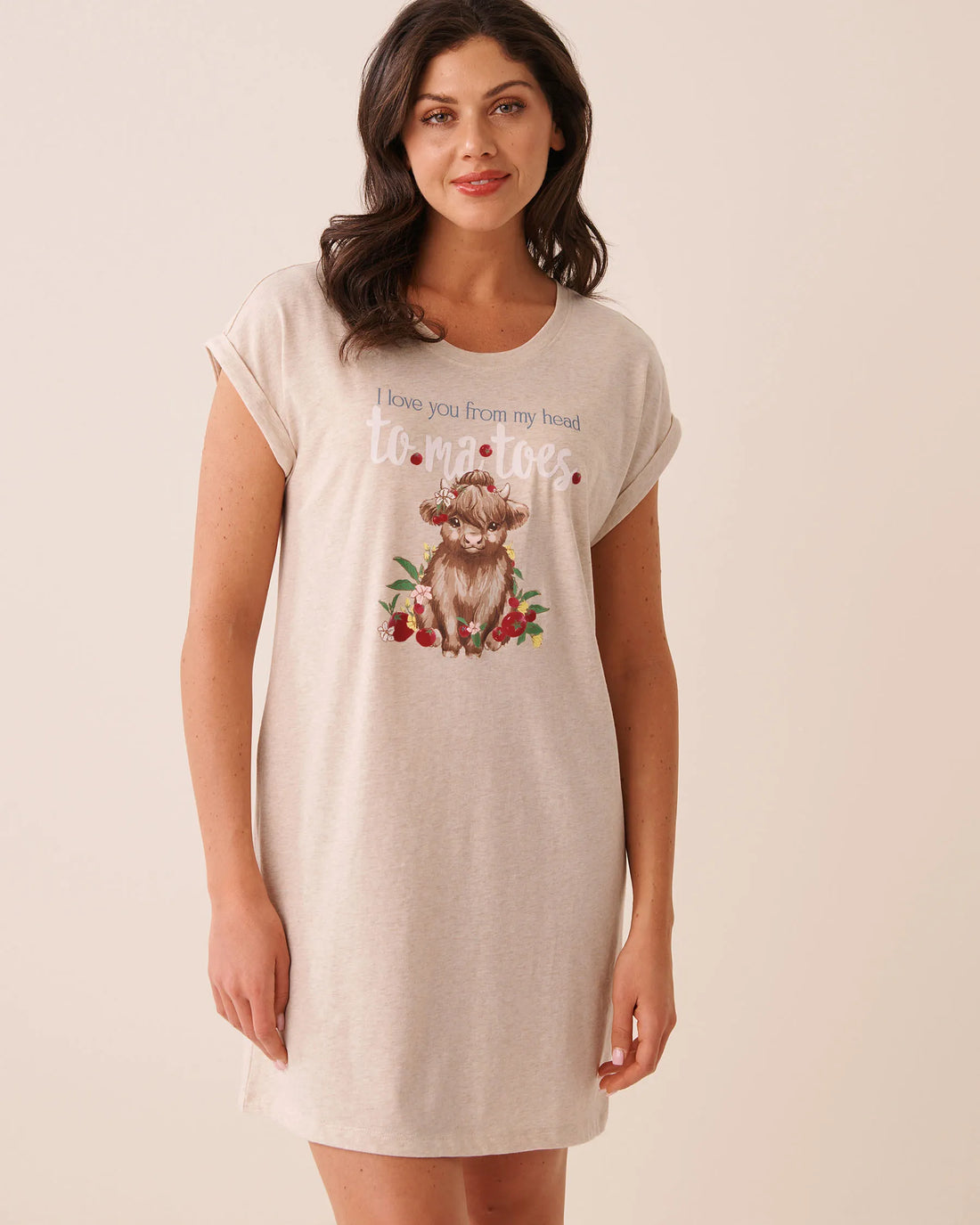 La Vie en Rose Brown Oatmeal Mix Women Highland Cow Print Cotton Short Sleeve Sleepshirt SKU: 40500501_20070 Image 01