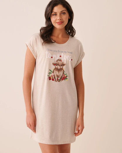 La Vie en Rose Brown Oatmeal Mix Women Highland Cow Print Cotton Short Sleeve Sleepshirt SKU: 40500501_20070 Image 01