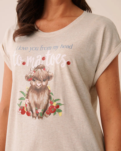 La Vie en Rose Brown Oatmeal Mix Women Highland Cow Print Cotton Short Sleeve Sleepshirt SKU: 40500501_20070 Image 03