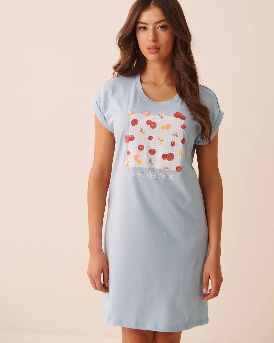 La Vie en Rose Subdued Blue Women Tomato Print Cotton Short Sleeve Sleepshirt SKU: 40500501_40308 Image 01