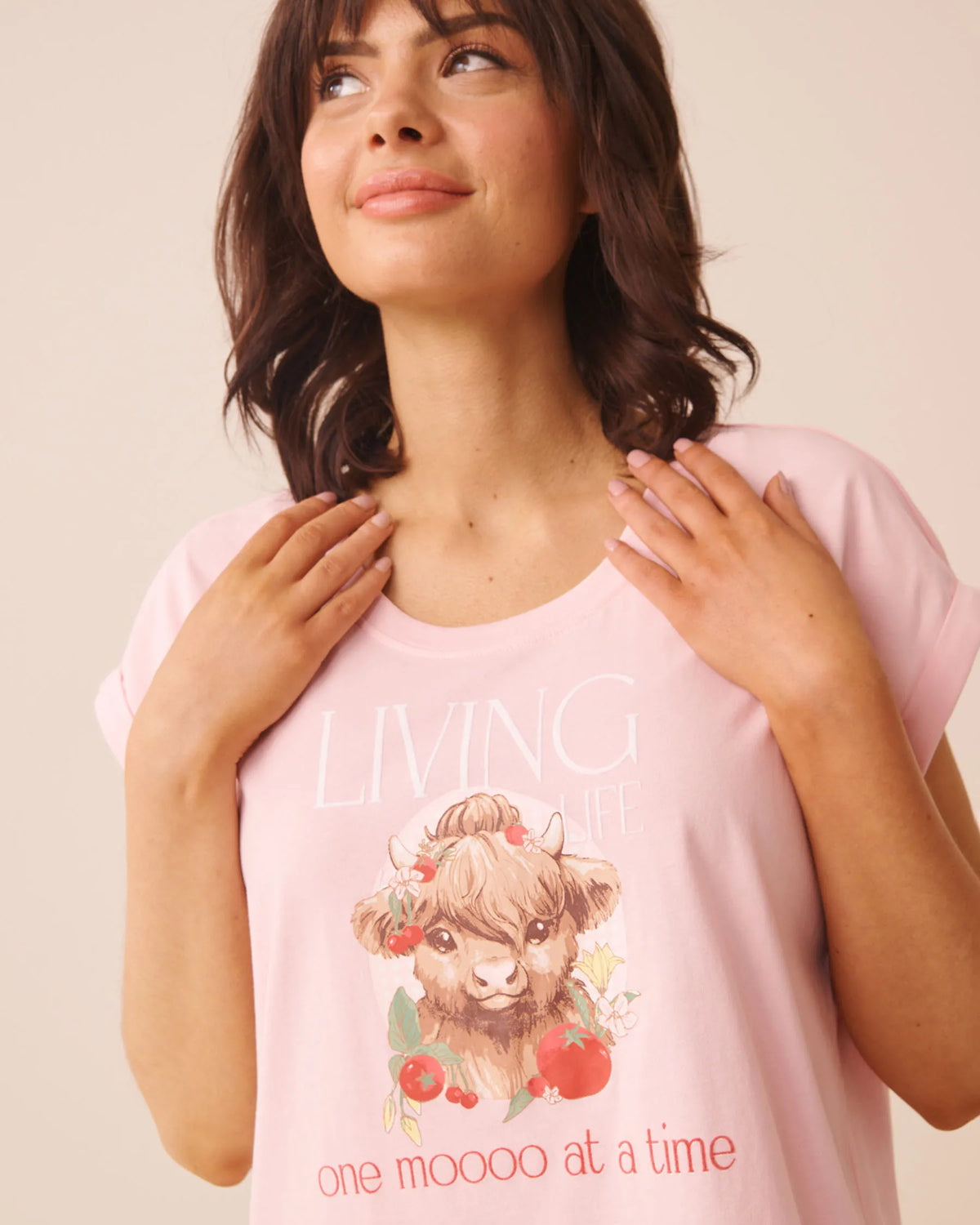 La Vie en Rose Crystal Rose Women Highland Cow Print Cotton Short Sleeve Sleepshirt SKU: 40500501_60108 Image 03