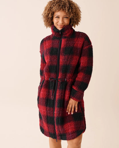 La Vie en Rose_Black &amp; Savvy Red Plaid_Zip-up Funnel Neck Sherpa Robe_40600221_P60421_01