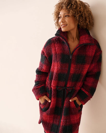 La Vie en Rose_Black &amp; Savvy Red Plaid_Zip-up Funnel Neck Sherpa Robe_40600221_P60421_03