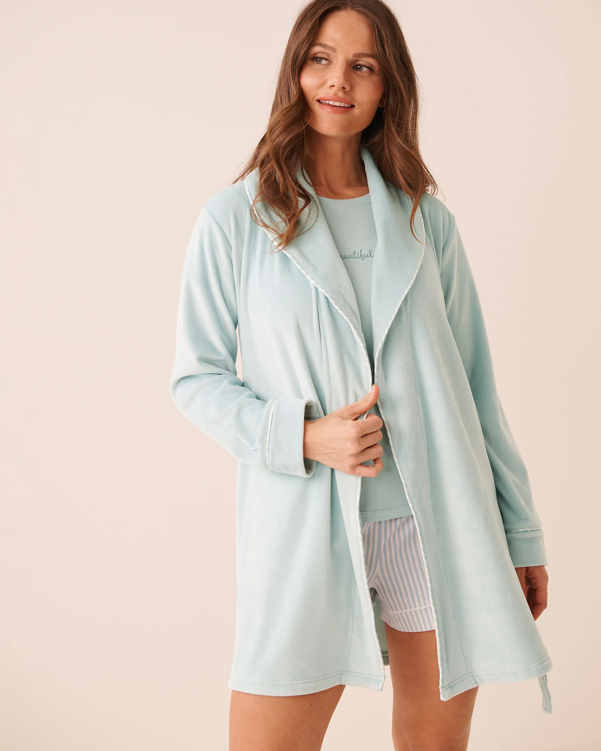 La Vie en Rose Sterling Blue Women Plush Velour Robe SKU: 40600231_40153 Image 04
