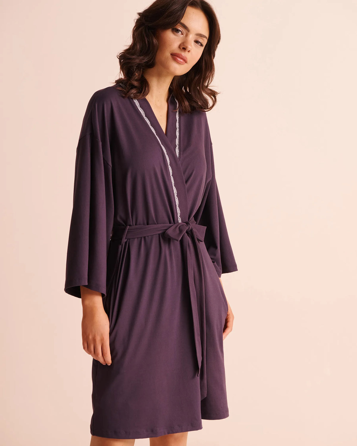 La Vie en Rose Plum Perfect Women Lace-Trim Super Soft Kimono SKU: 40600235_50103 Image 01