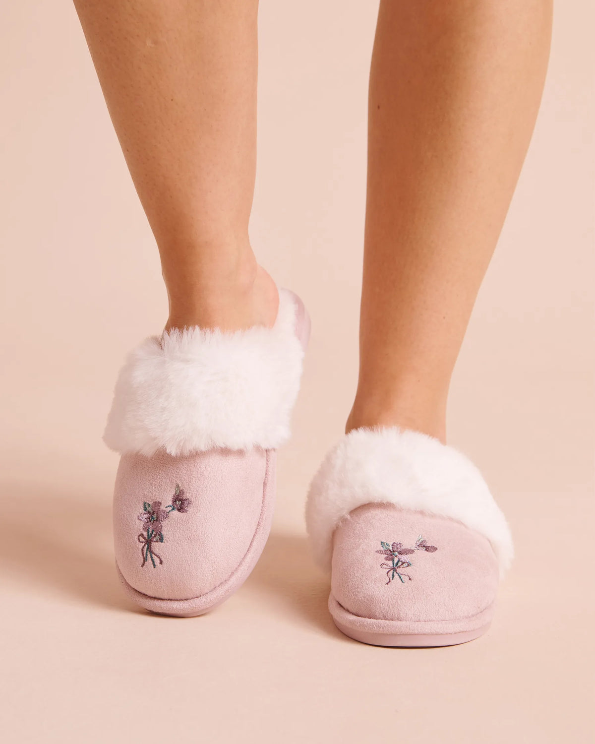 La Vie en Rose Violet Ice Women Floral Embroidered Faux Suede and Fur Slippers SKU: 40700498_50067 Image 01