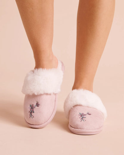 La Vie en Rose Violet Ice Women Floral Embroidered Faux Suede and Fur Slippers SKU: 40700498_50067 Image 01