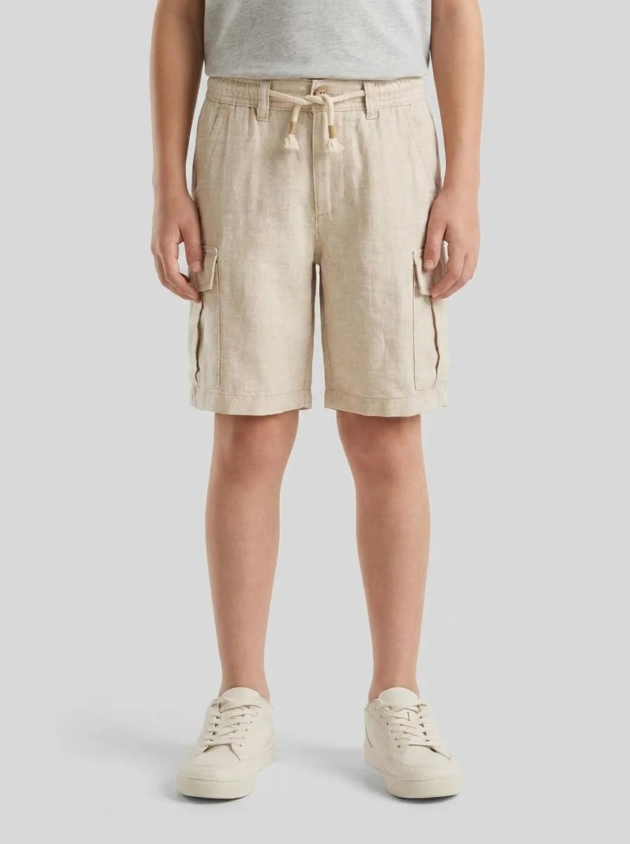 Benetton Beige Boys Linen Blend Cargo Bermuda Shorts SKU: 40G8C904J_902 Image 00