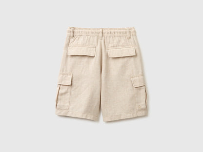 Benetton Beige Boys Linen Blend Cargo Bermuda Shorts SKU: 40G8C904J_902 Image 02