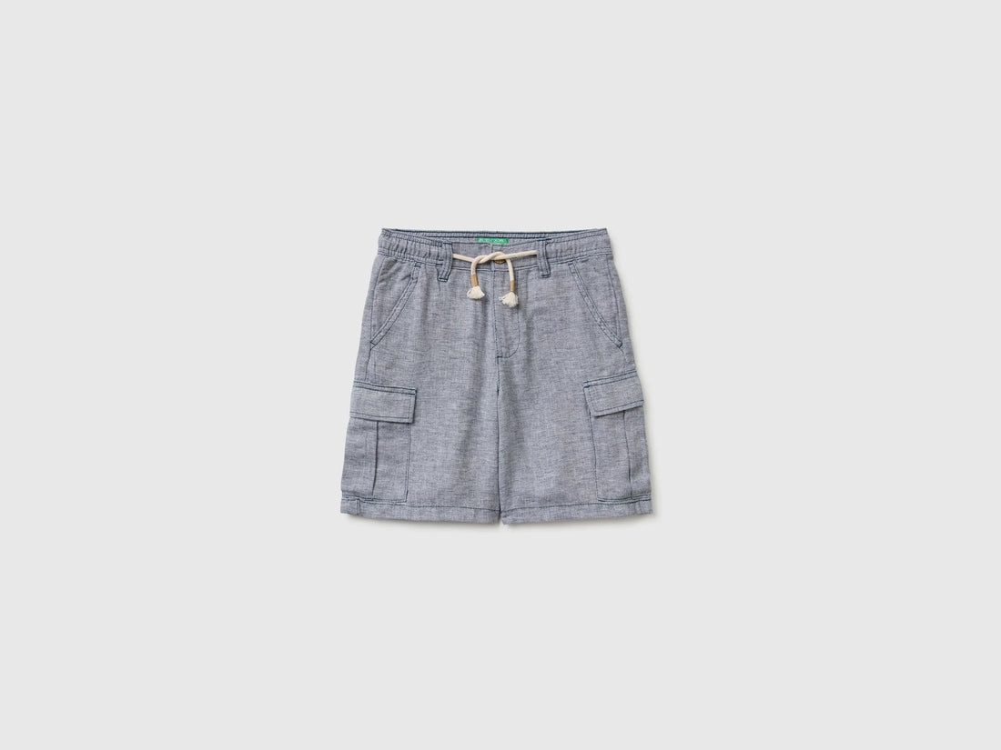 Benetton Blue Boys Linen Blend Cargo Bermuda Shorts SKU: 40G8C904J_903 Image 01