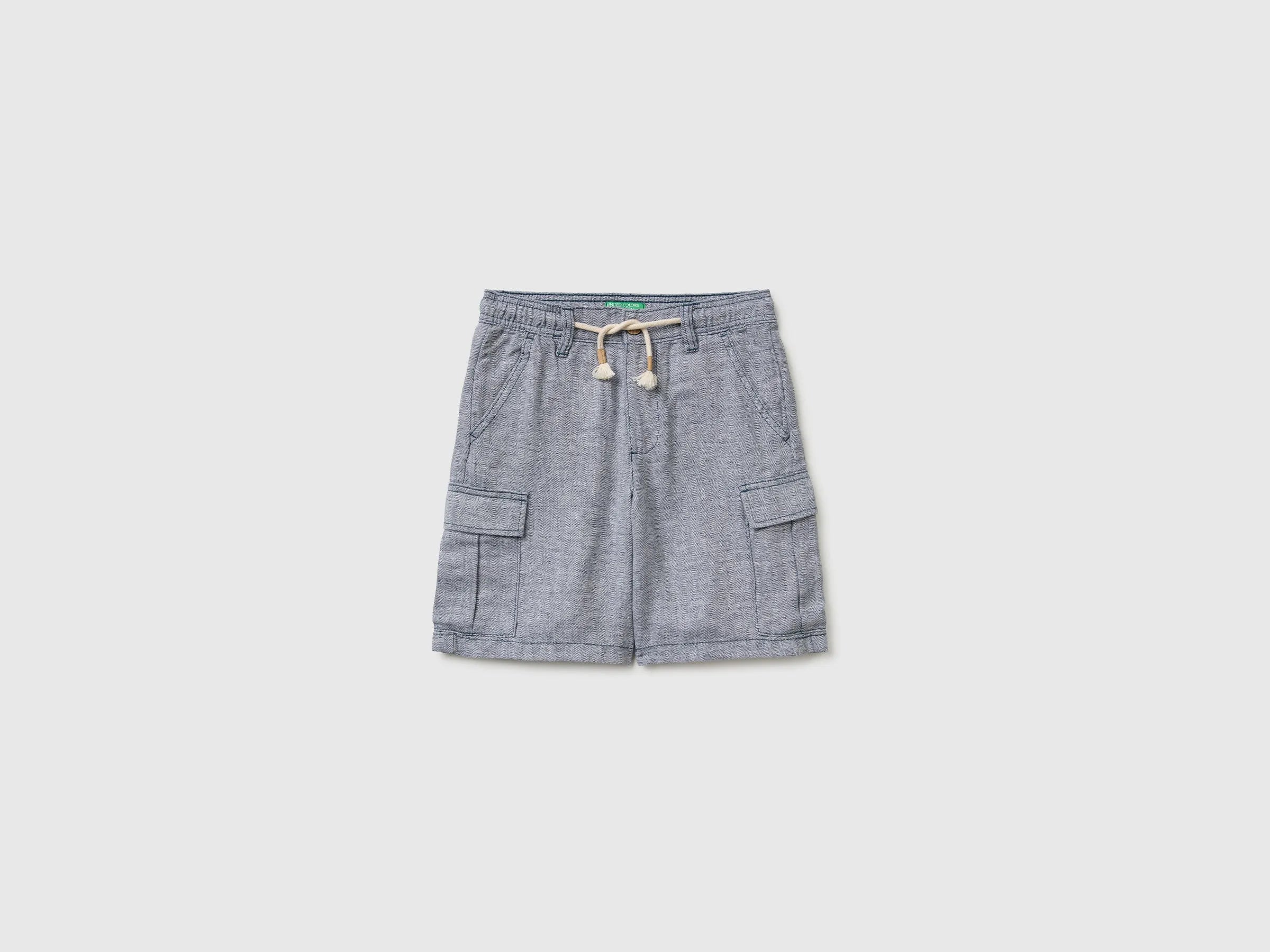 Benetton Blue Boys Linen Blend Cargo Bermuda Shorts SKU: 40G8C904J_903 Image 01
