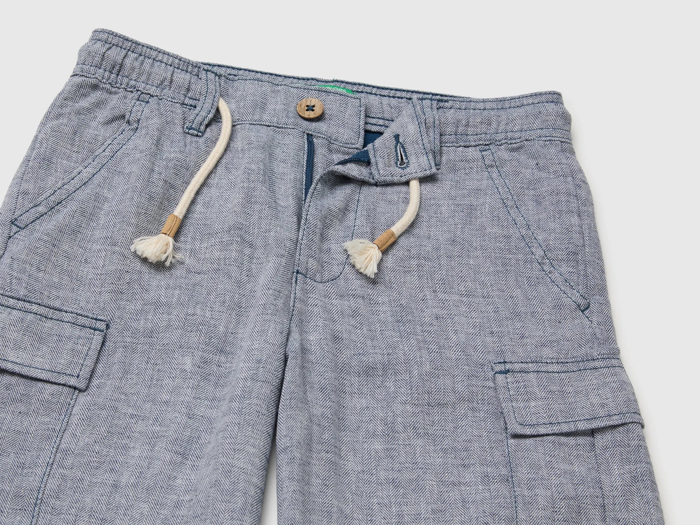 Benetton Blue Boys Linen Blend Cargo Bermuda Shorts SKU: 40G8C904J_903 Image 03
