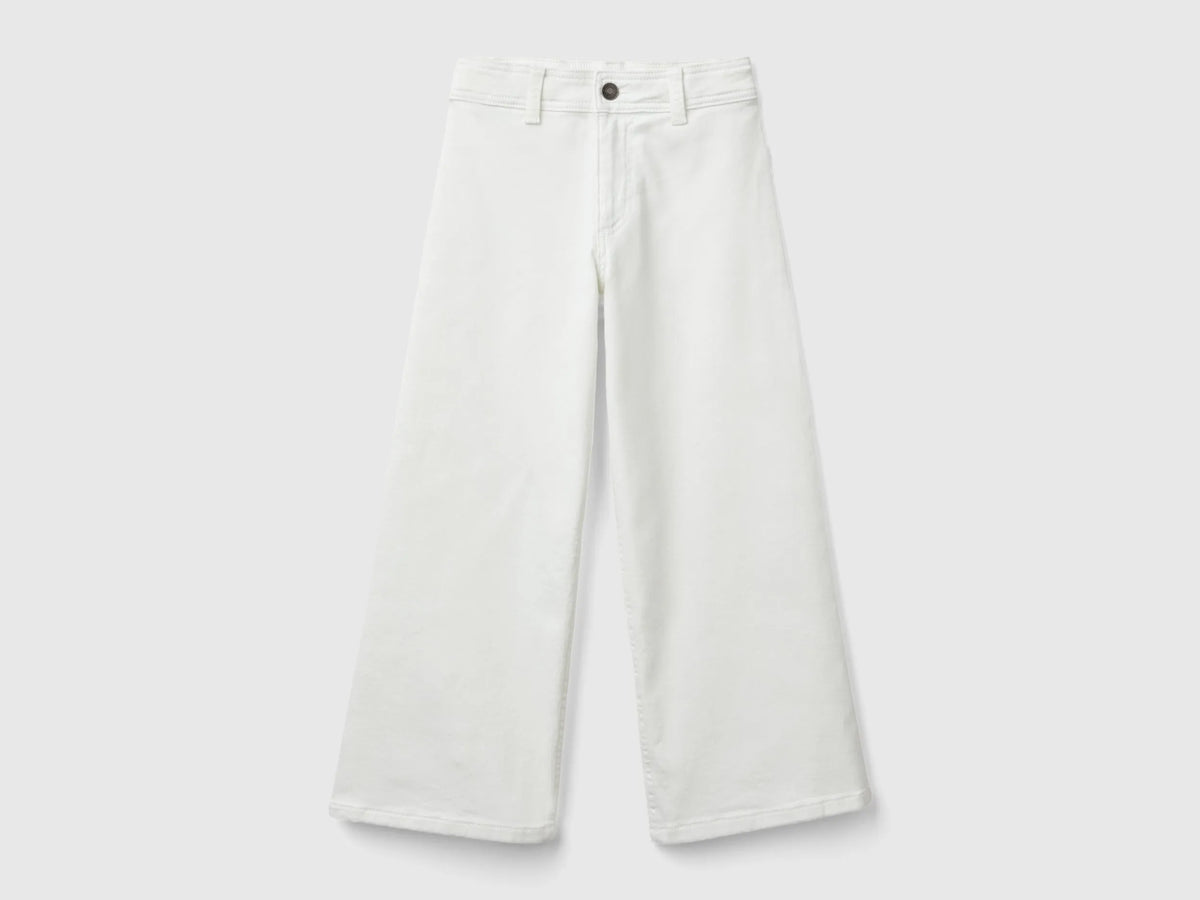 Benetton Creamy White Girls Wide Trousers in Stretch Cotton SKU: 41HQCF03K_074 Image 01