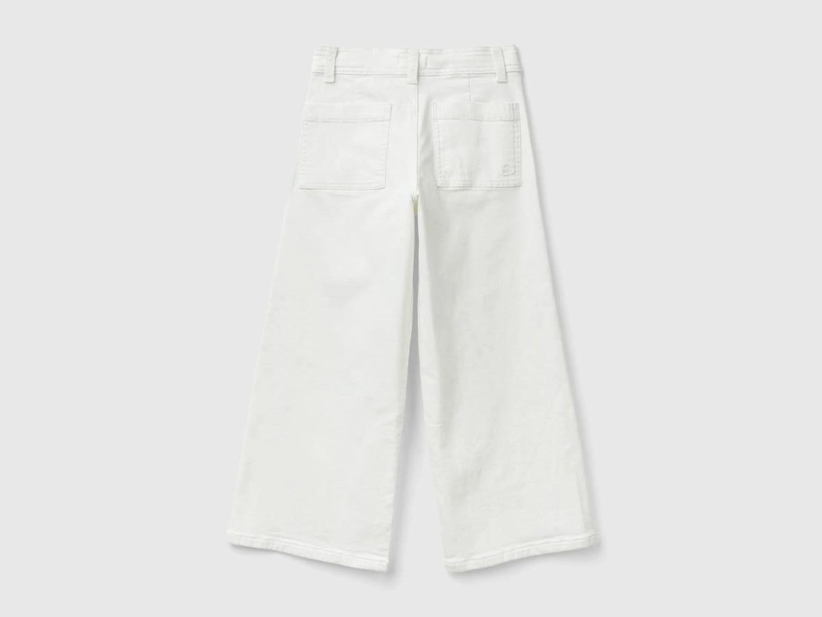 Benetton Creamy White Girls Wide Trousers in Stretch Cotton SKU: 41HQCF03K_074 Image 02