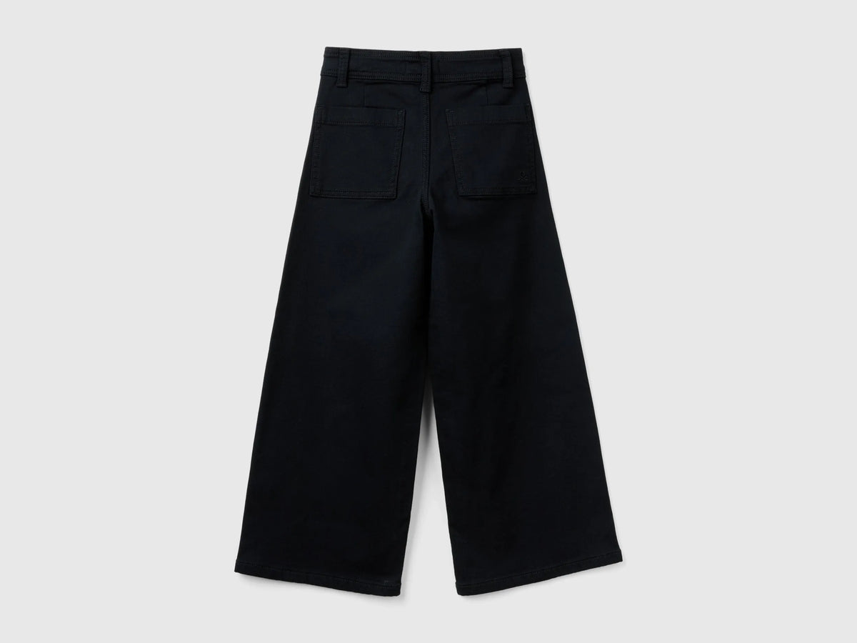 Benetton Black Girls Wide Trousers in Stretch Cotton SKU: 41HQCF03K_100 Image 02
