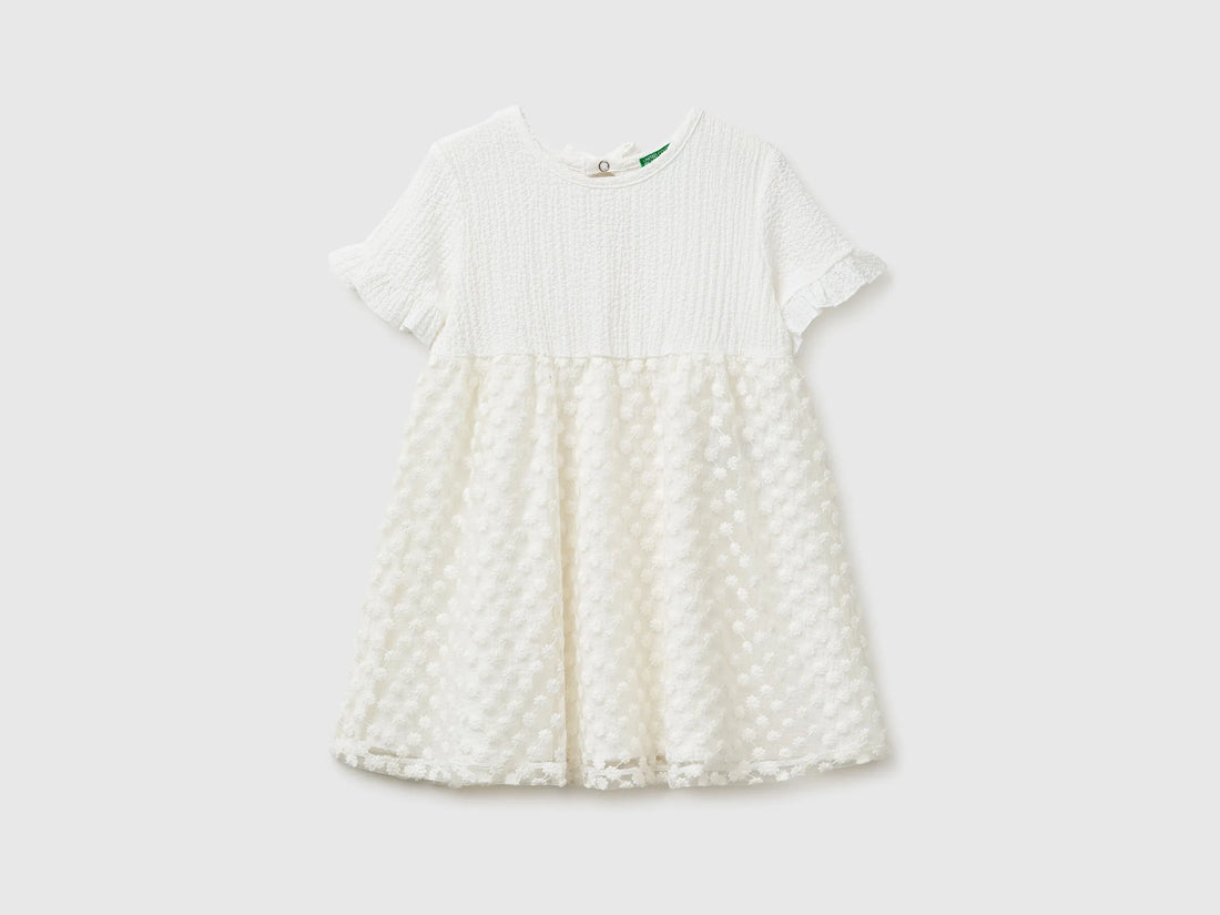 Benetton Creamy White Girls Dress with Little Flowers SKU: 41PTGV02Q_074 Image 01