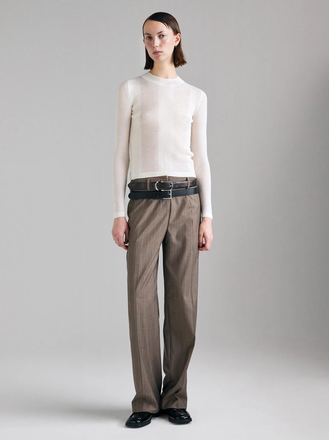 Sisley Brown Women Striped Trousers SKU: 41Q6LF08L_901 Image 01