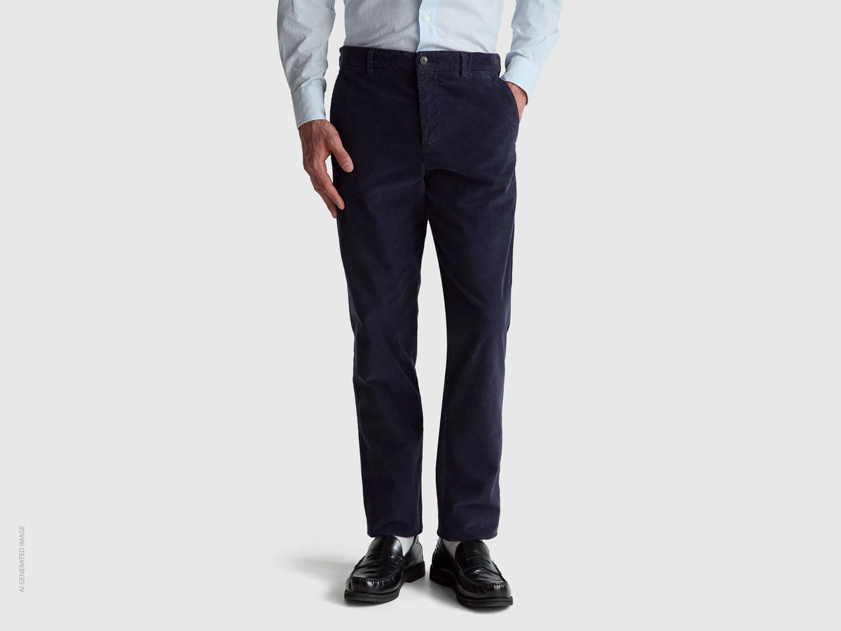 Benetton Dark Blue Men Slim Fit Stretch Velvet Trousers SKU: 41ULUF04Z_616 Image 02