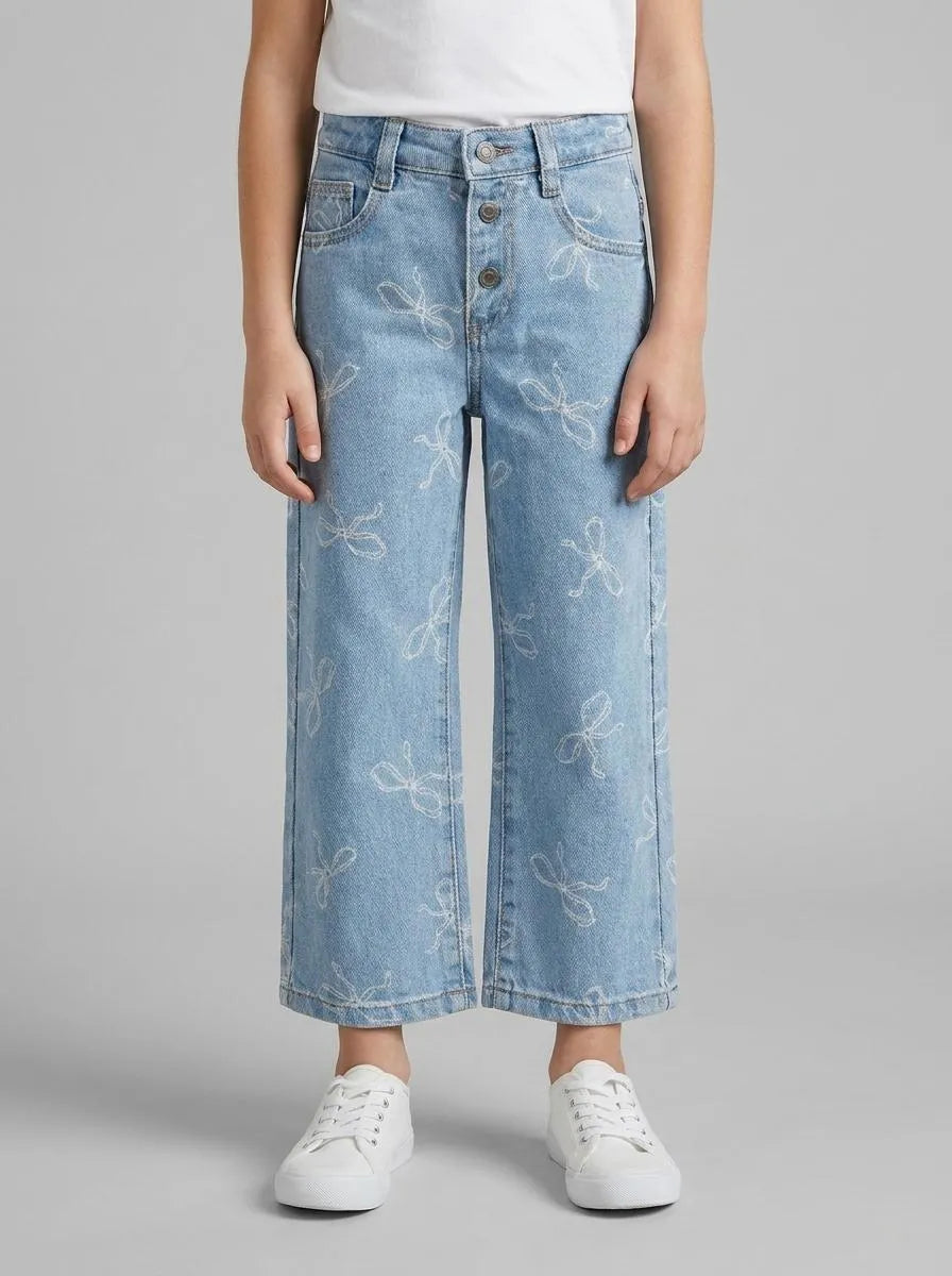 Benetton Light Blue Girls Slim Fit Jeans with Bow Print SKU: 42HVGE02Z_61Y Image 00