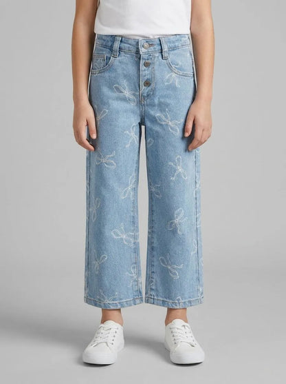 Benetton Light Blue Girls Slim Fit Jeans with Bow Print SKU: 42HVGE02Z_61Y Image 00