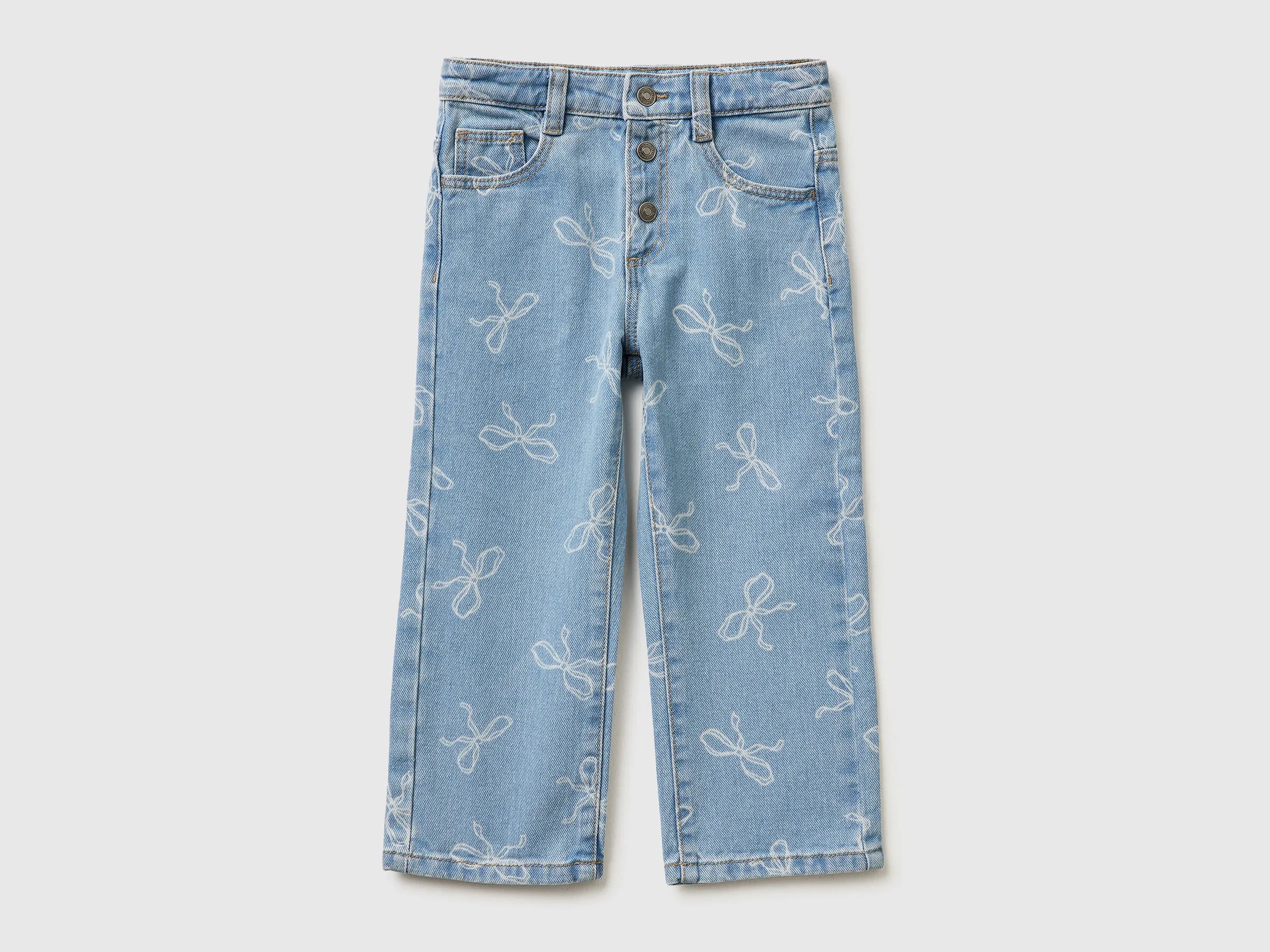 Benetton Light Blue Girls Slim Fit Jeans with Bow Print SKU: 42HVGE02Z_61Y Image 01