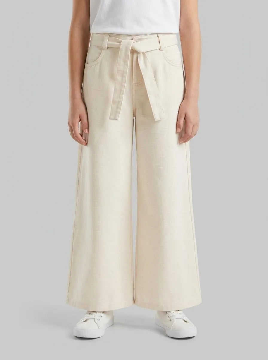 Benetton Creamy White Girls Wide Fit Trousers with Sash SKU: 42KQCF05J_00E Image 00