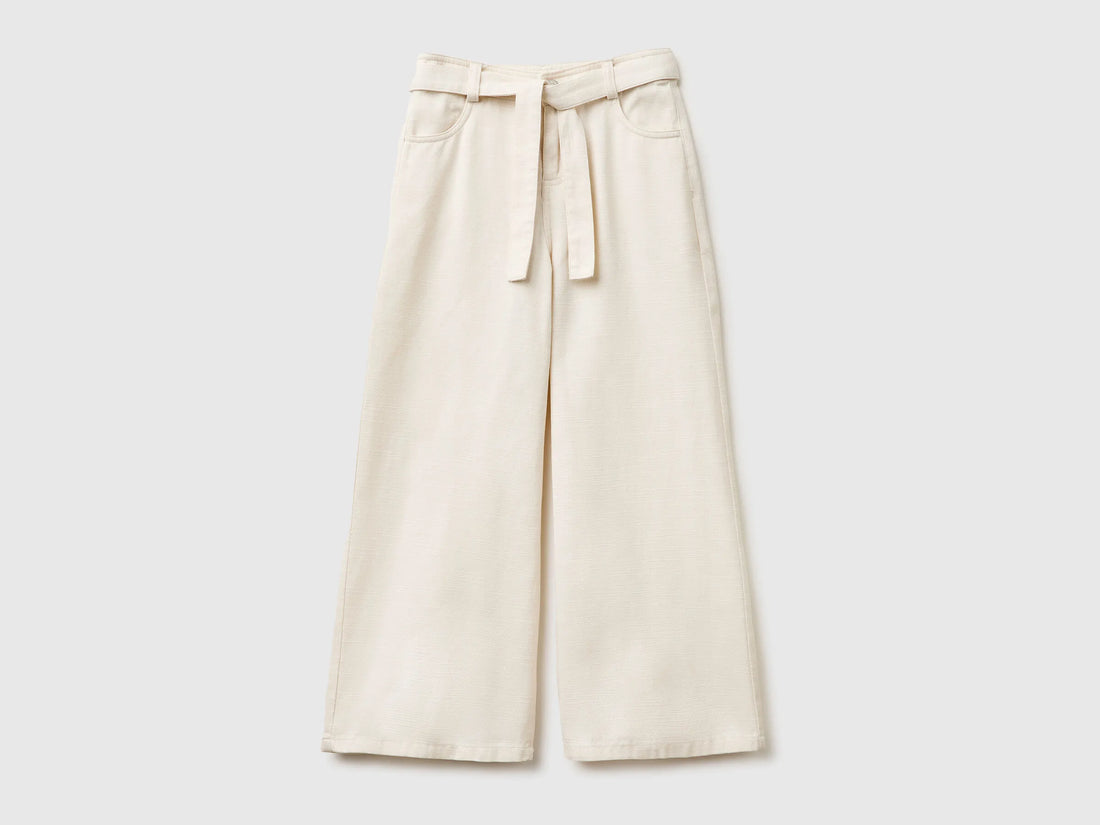 Benetton Creamy White Girls Wide Fit Trousers with Sash SKU: 42KQCF05J_00E Image 01