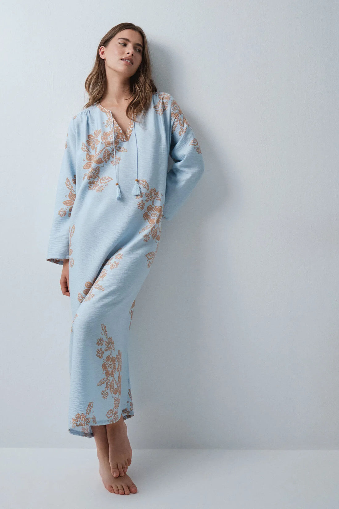 Women Secret Light Blue Women Blue Floral Print Viscose Kaftan Dress SKU: 4364644_16 Image 01