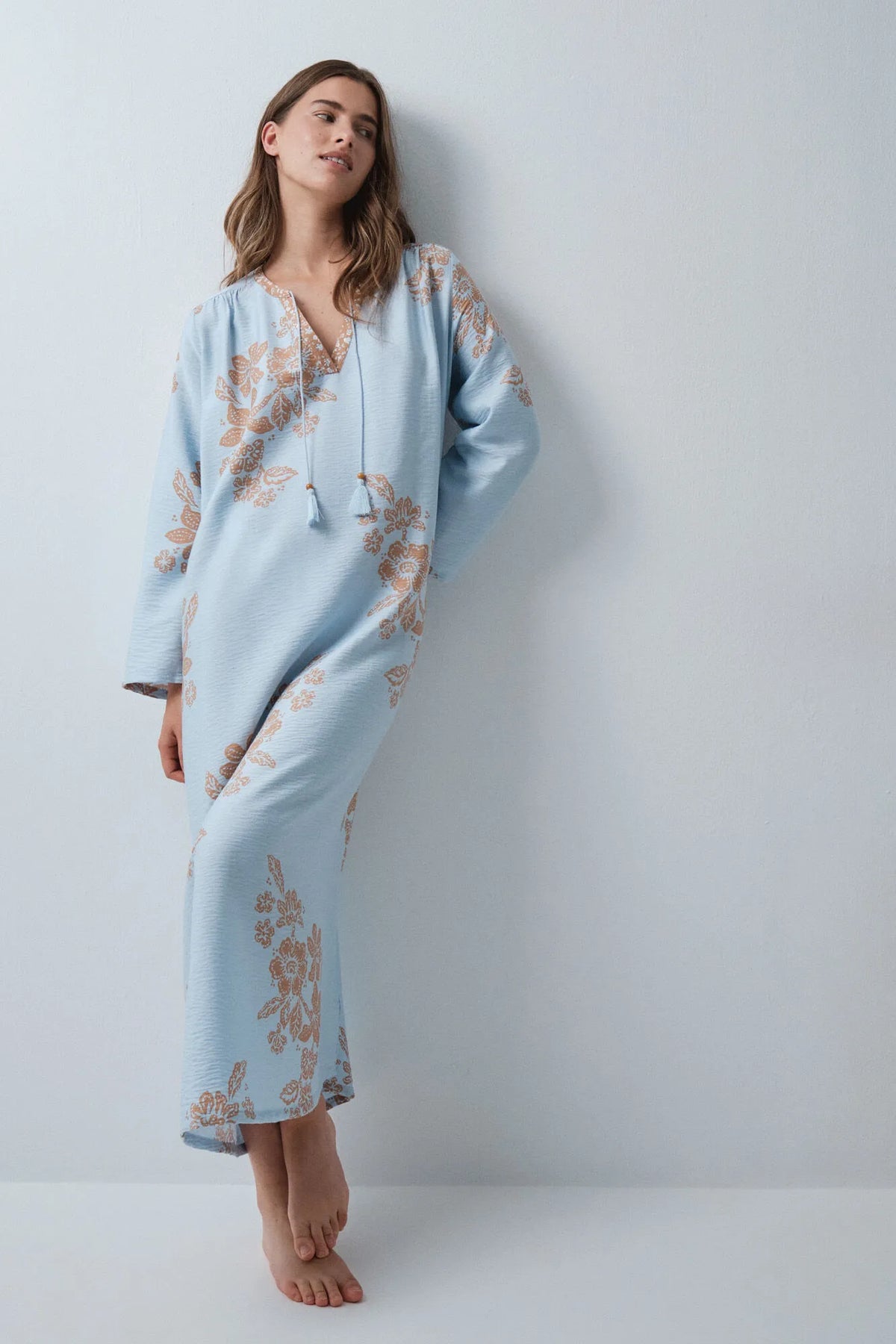 Women Secret Light Blue Women Blue Floral Print Viscose Kaftan Dress SKU: 4364644_16 Image 01