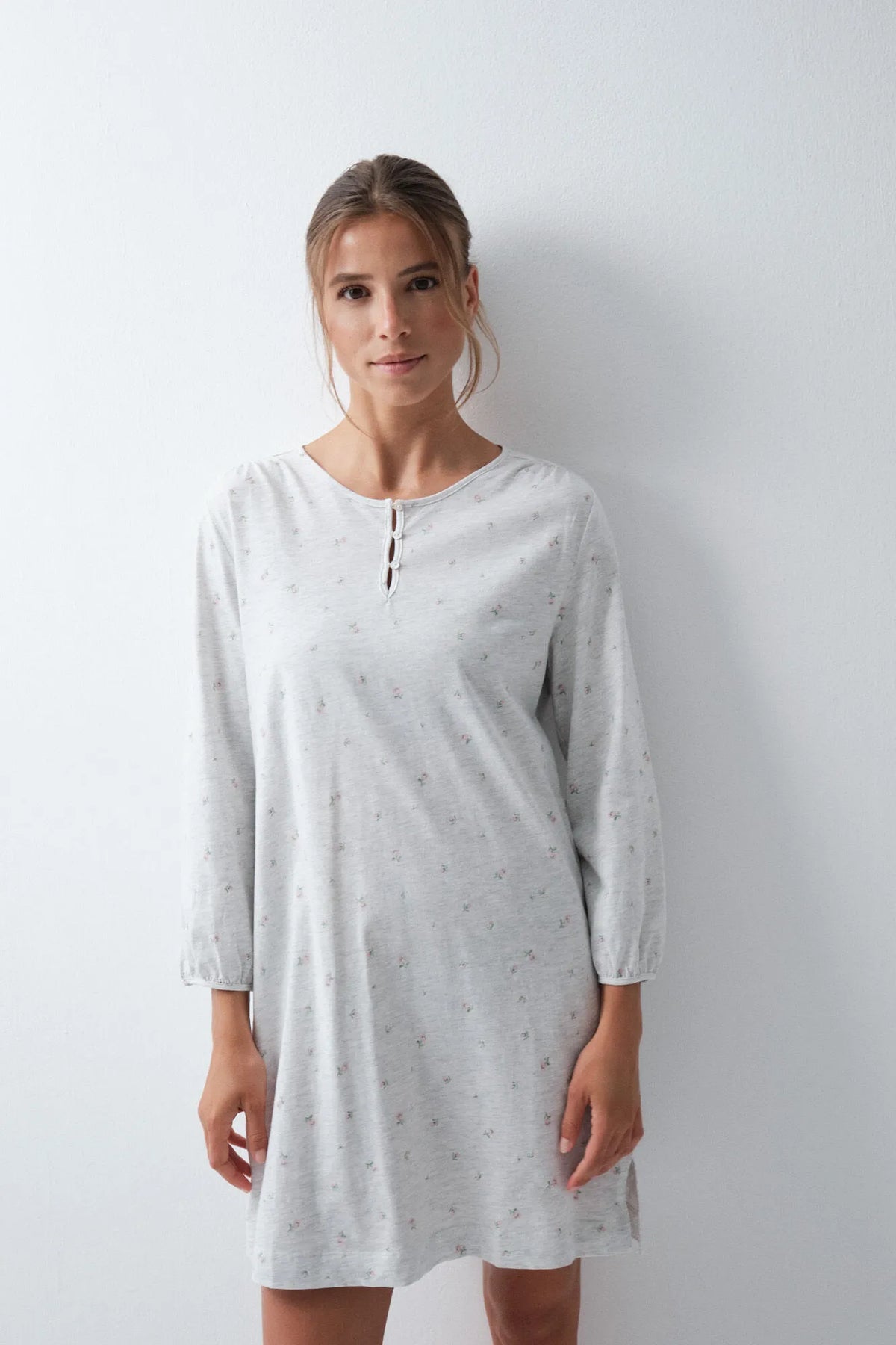 Women Secret Light Grey/Silver Women Floral Cotton Short Nightgown SKU: 4364652_48 Image 03