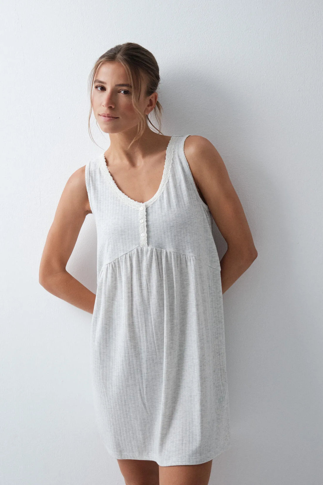 Women Secret Light Grey/Silver Women Grey Sleeveless Short Nightgown SKU: 4364653_48 Image 01