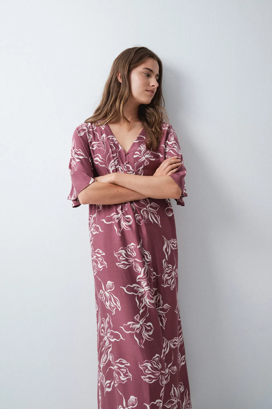 Women Secret Maroon Women Burgundy Floral Kaftan Long Nightgown SKU: 4364655_69 Image 01