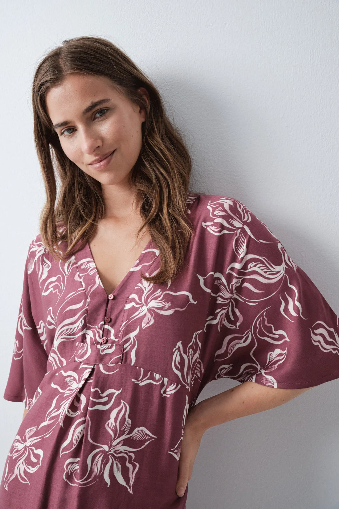 Women Secret Maroon Women Burgundy Floral Kaftan Long Nightgown SKU: 4364655_69 Image 02