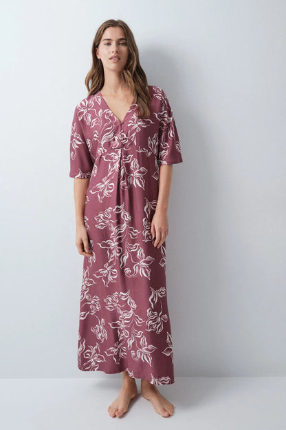 Women Secret Maroon Women Burgundy Floral Kaftan Long Nightgown SKU: 4364655_69 Image 03