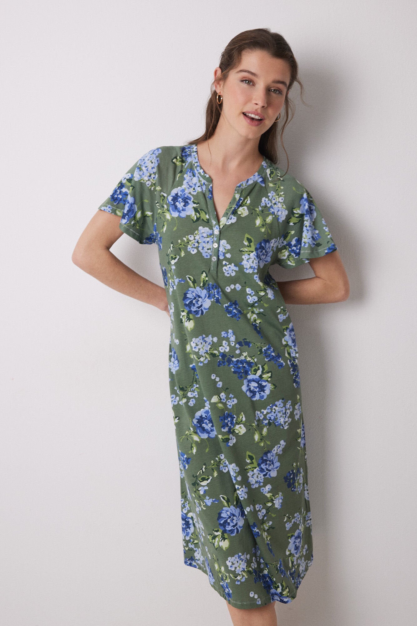 Women Secret_Midi Nightgown 100% Cotton Green Flowers_4369317_29_01